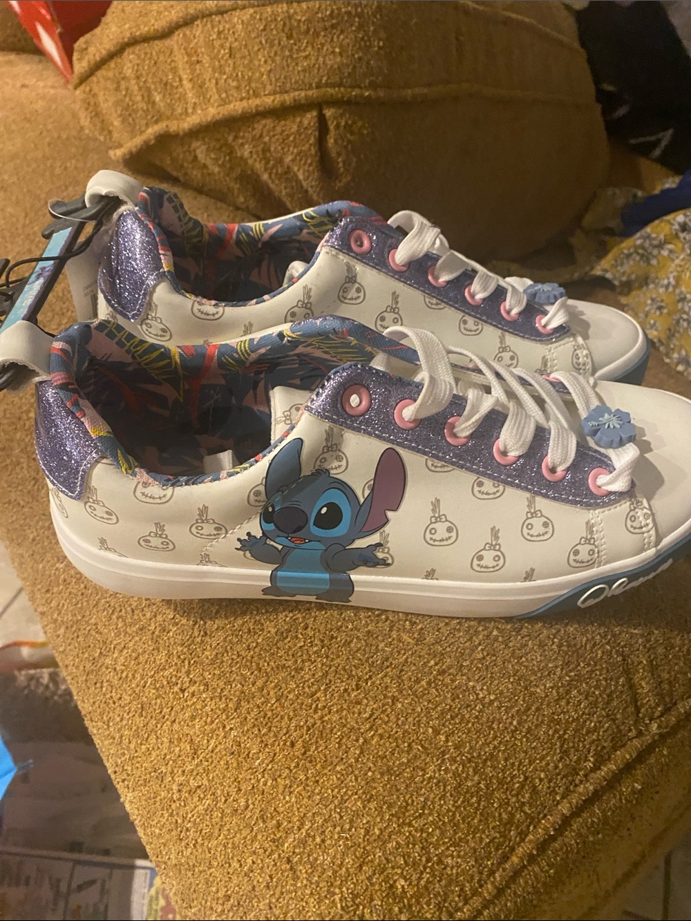 Disney White Sneakers with Blue Stitch and Purple Glitter Accents